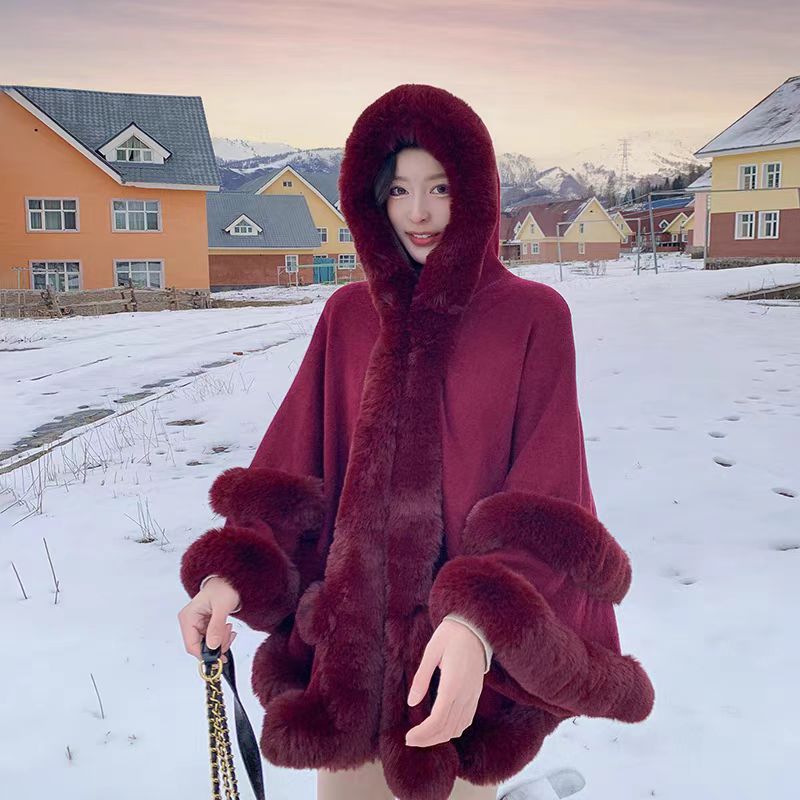 Loose Fur-Collar Shawl Coat with Fleece Lining