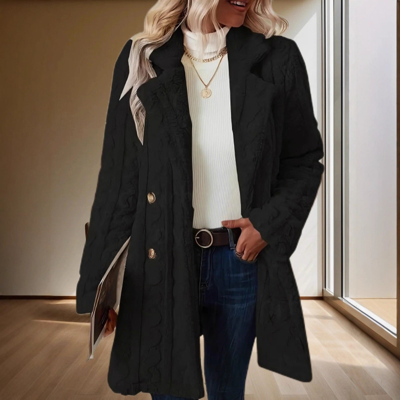 Insulated Double-Breasted Mid-Length Suit-Collar Coat