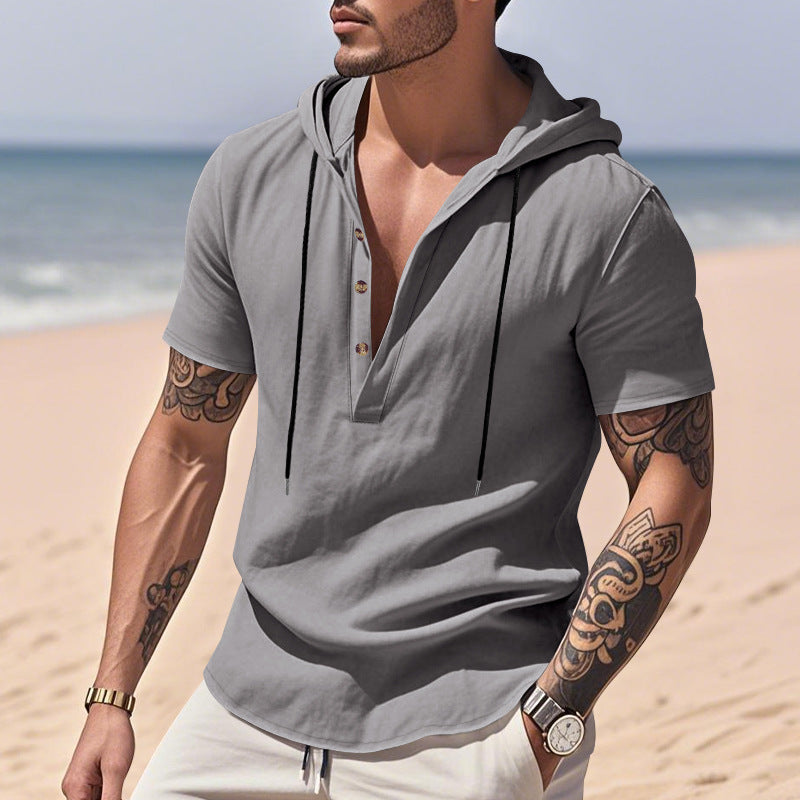 Breathable Linen Hooded Henley Short-Sleeve Shirt