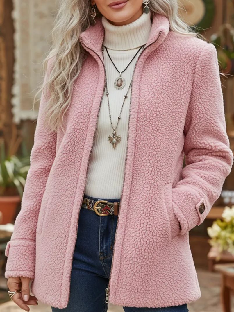 Solid-Color Stand Collar Fleece Zip-Up Jacket for Women