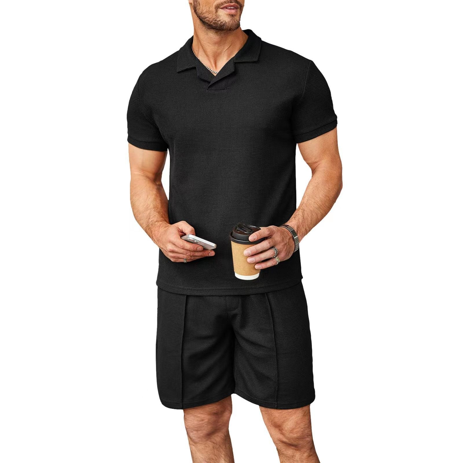 Men's 2-Piece Set – V-Neck Lapel Short Sleeve Polo & Waffle-Style Casual Top, Summer