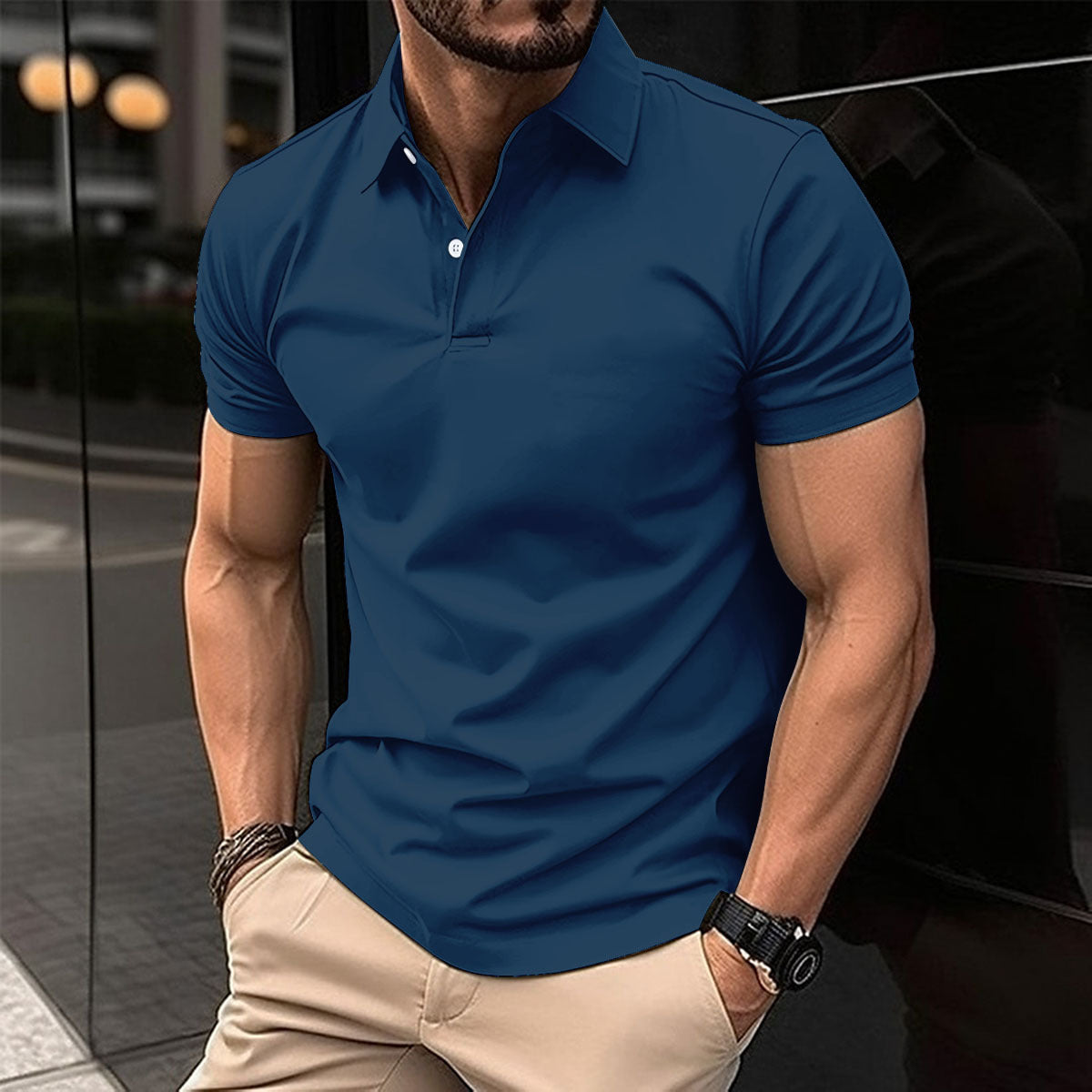 Solid-Color Short-Sleeve Polo Shirt for Men