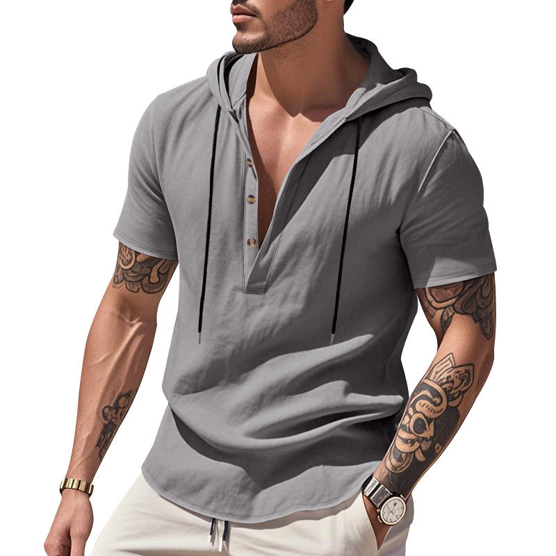 Breathable Linen Hooded Henley Short-Sleeve Shirt