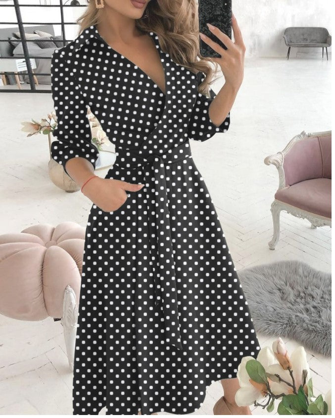 Summer New Geometric Print Belt Dress Women