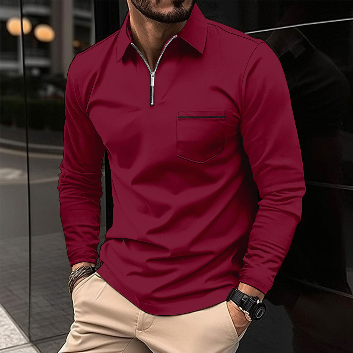 Autumn Men's Zip-Up Long Sleeve Polo Shirt