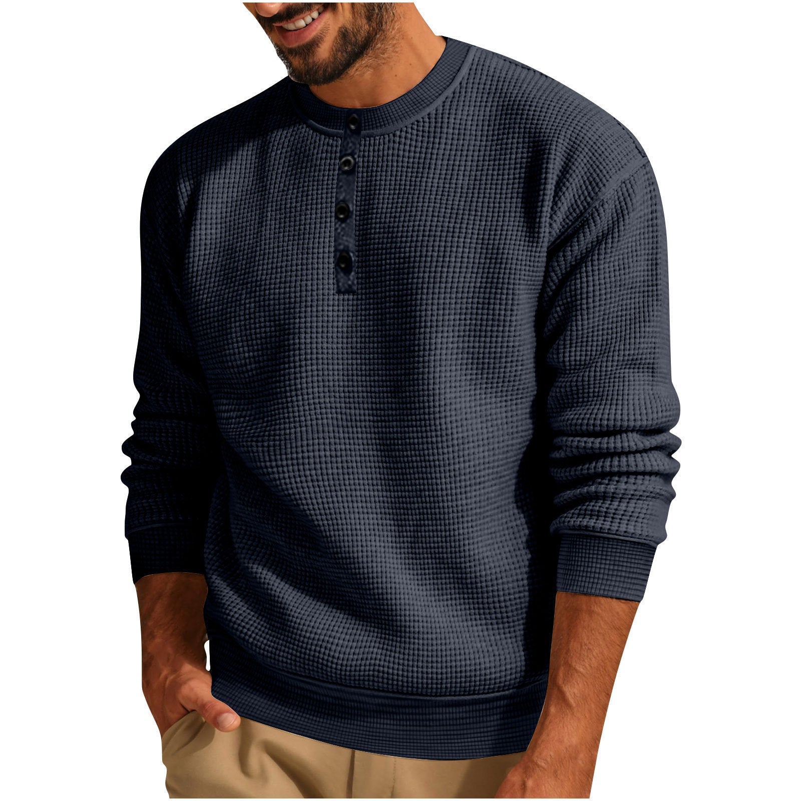 Solid-Color Loose Waffle Henley Shirt