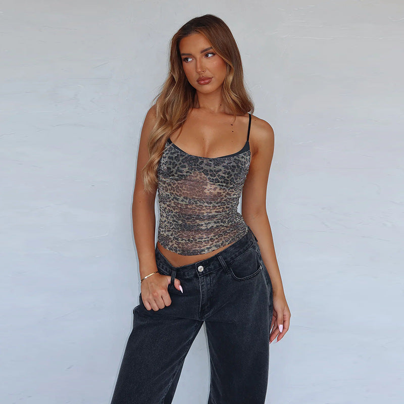 Leopard-Print Mesh Layered Camisole Top