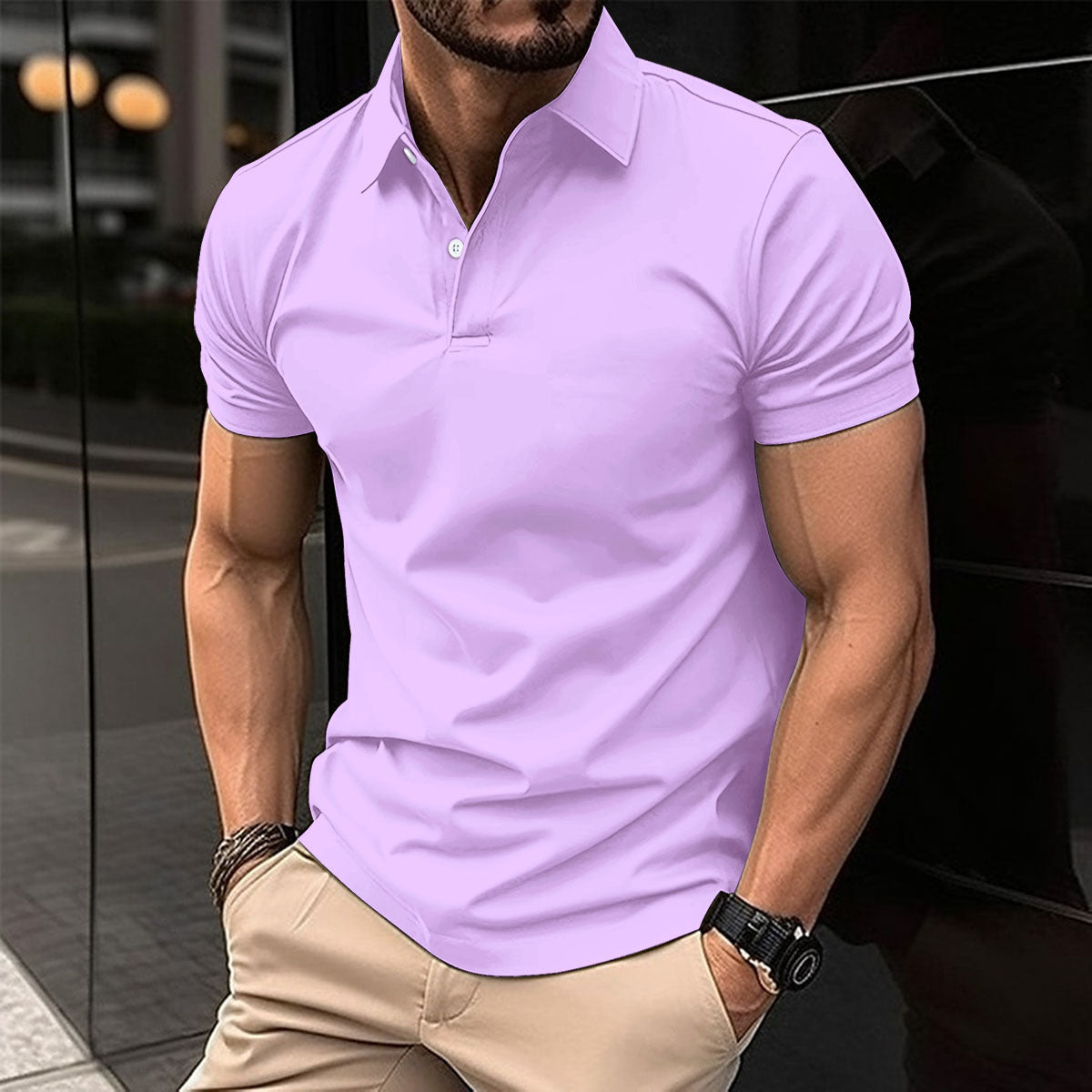 Solid-Color Short-Sleeve Polo Shirt for Men