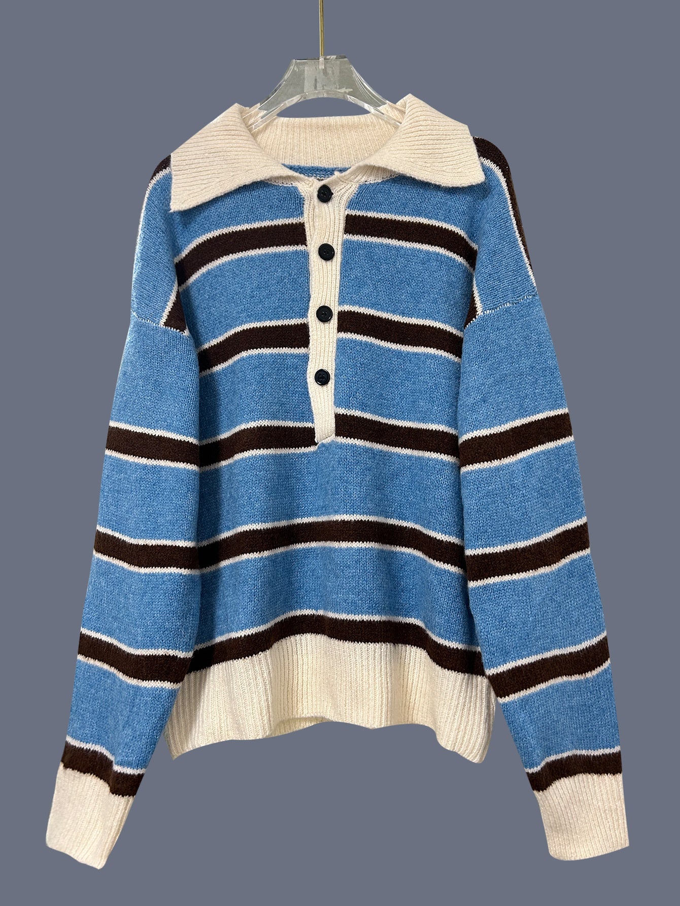 Vintage Striped Polo-Neck Knit Sweater for Women