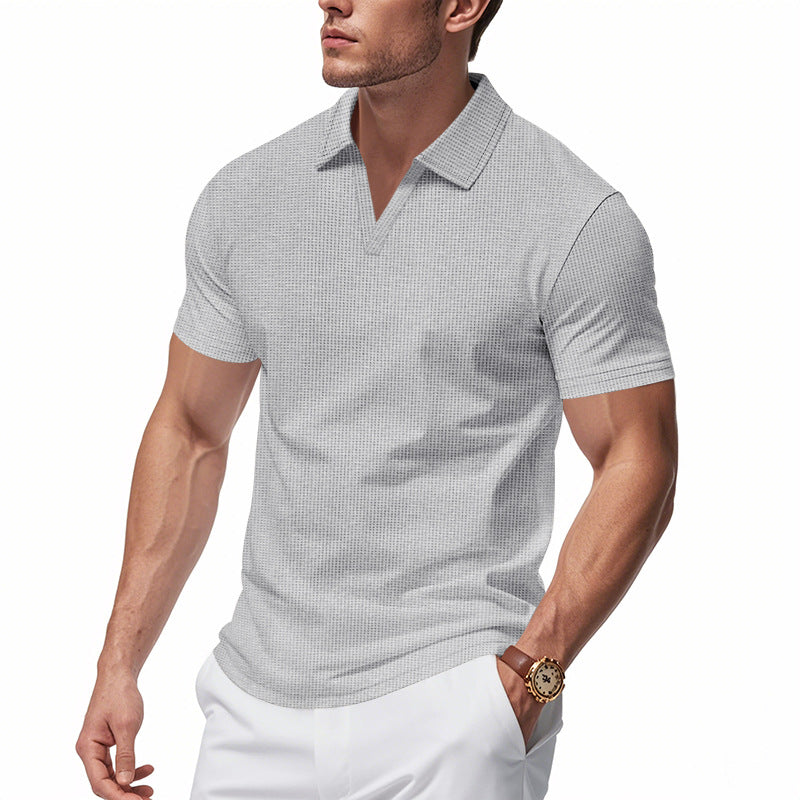 Summer Men's Loose Waffle-Knit V-Neck Short Sleeve Polo Shirt