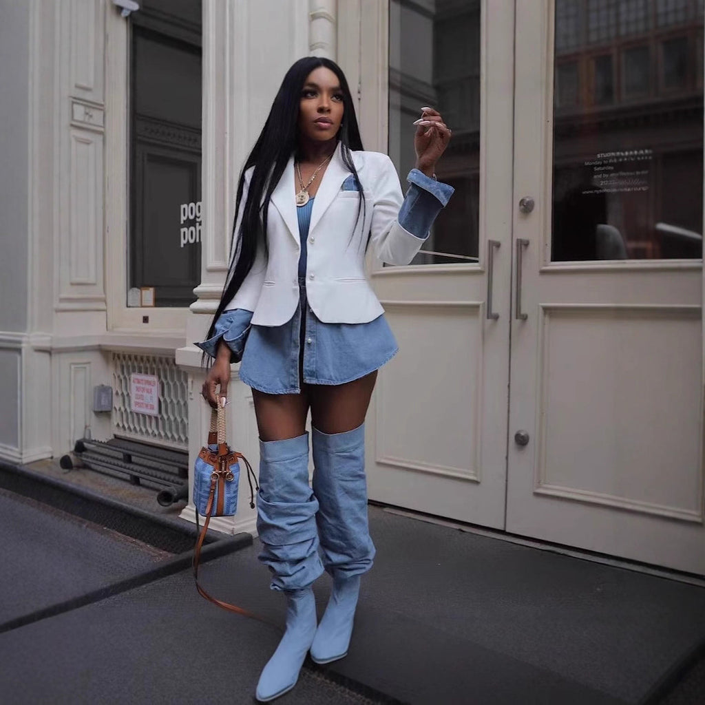 Casual Patchwork Denim Blazer for Women