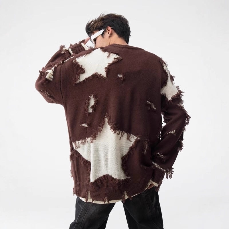 Loose-Hem Irregular-Hole Sweater for Men