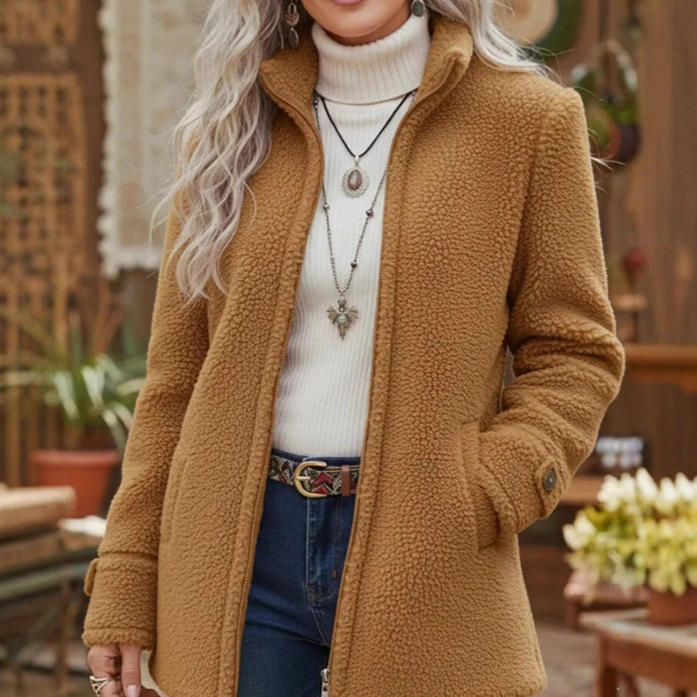Solid-Color Stand Collar Fleece Zip-Up Jacket for Women