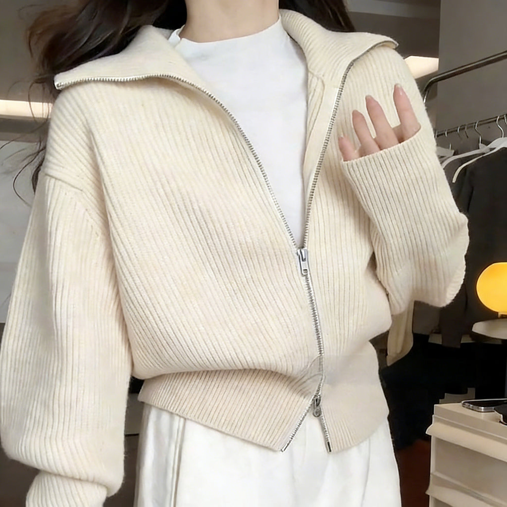 Double-Zip Lapel Knit Cardigan for Women