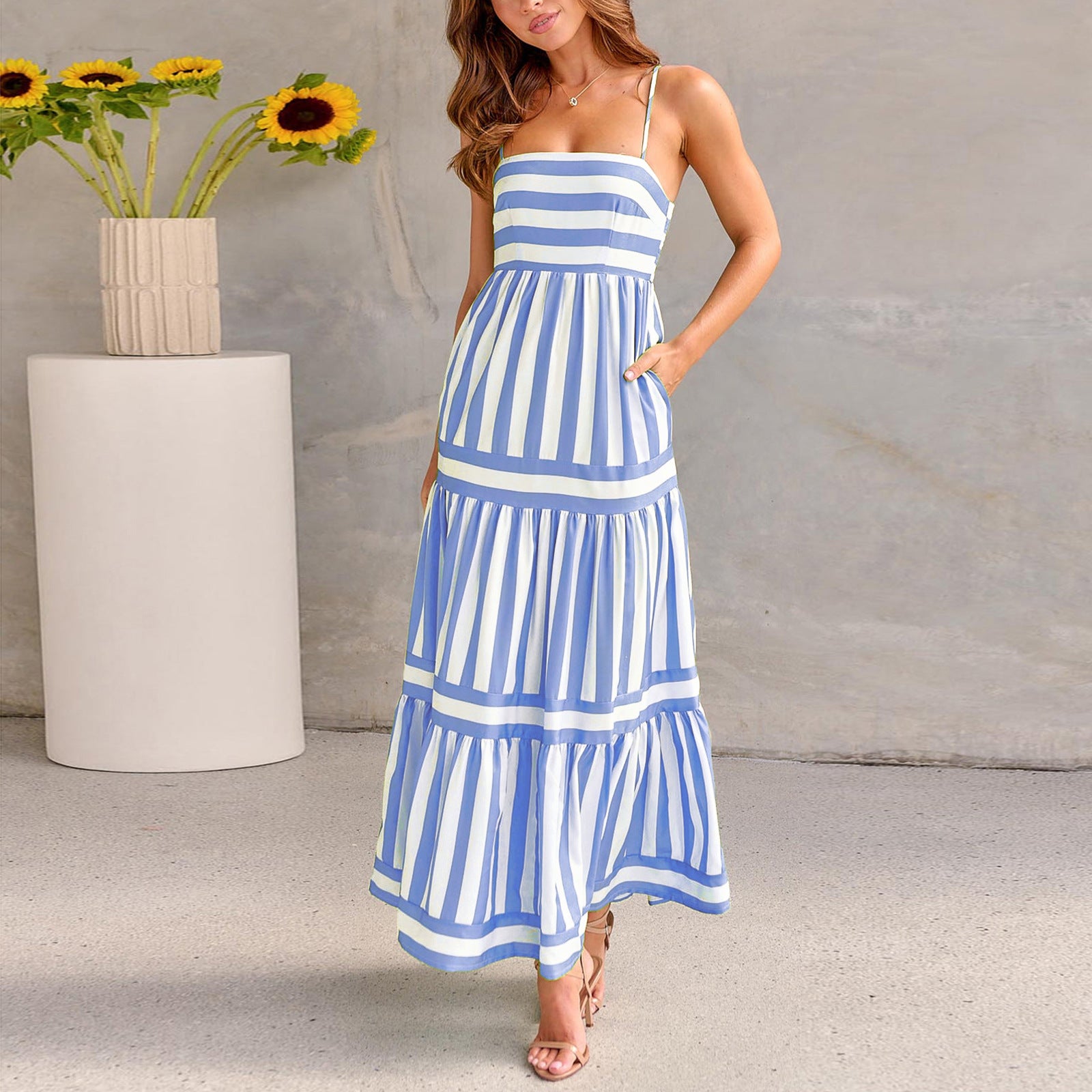 Striped Suspender Long Dress with Pockets