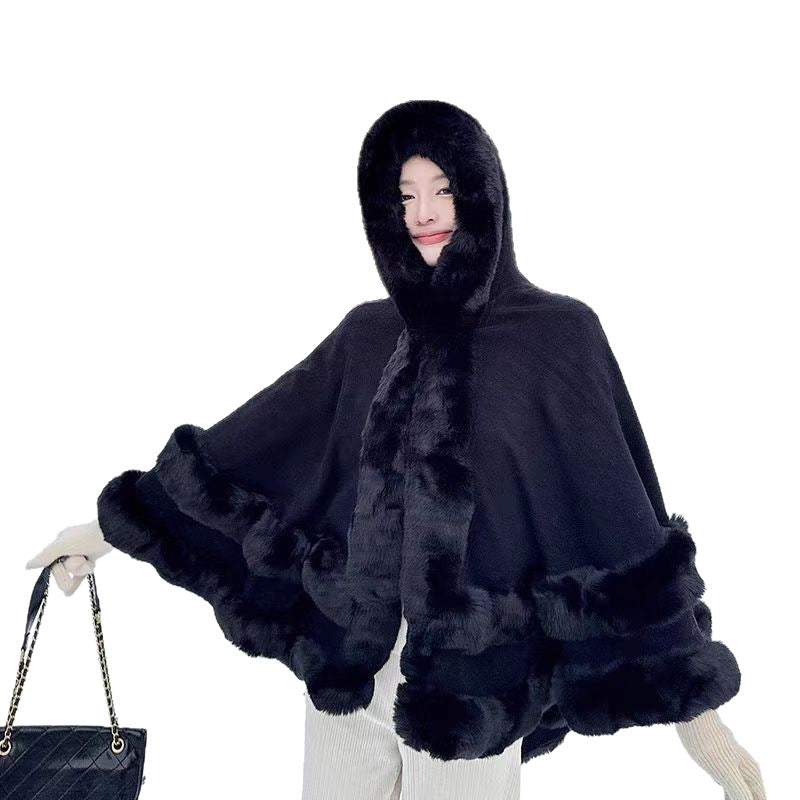 Loose Fur-Collar Shawl Coat with Fleece Lining