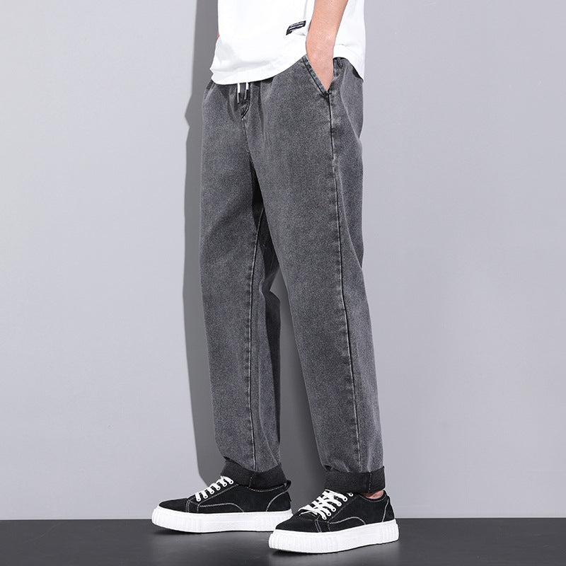 Summer Men's Loose Wide-Leg Jeans – Drawstring Elastic Waist Straight Trousers
