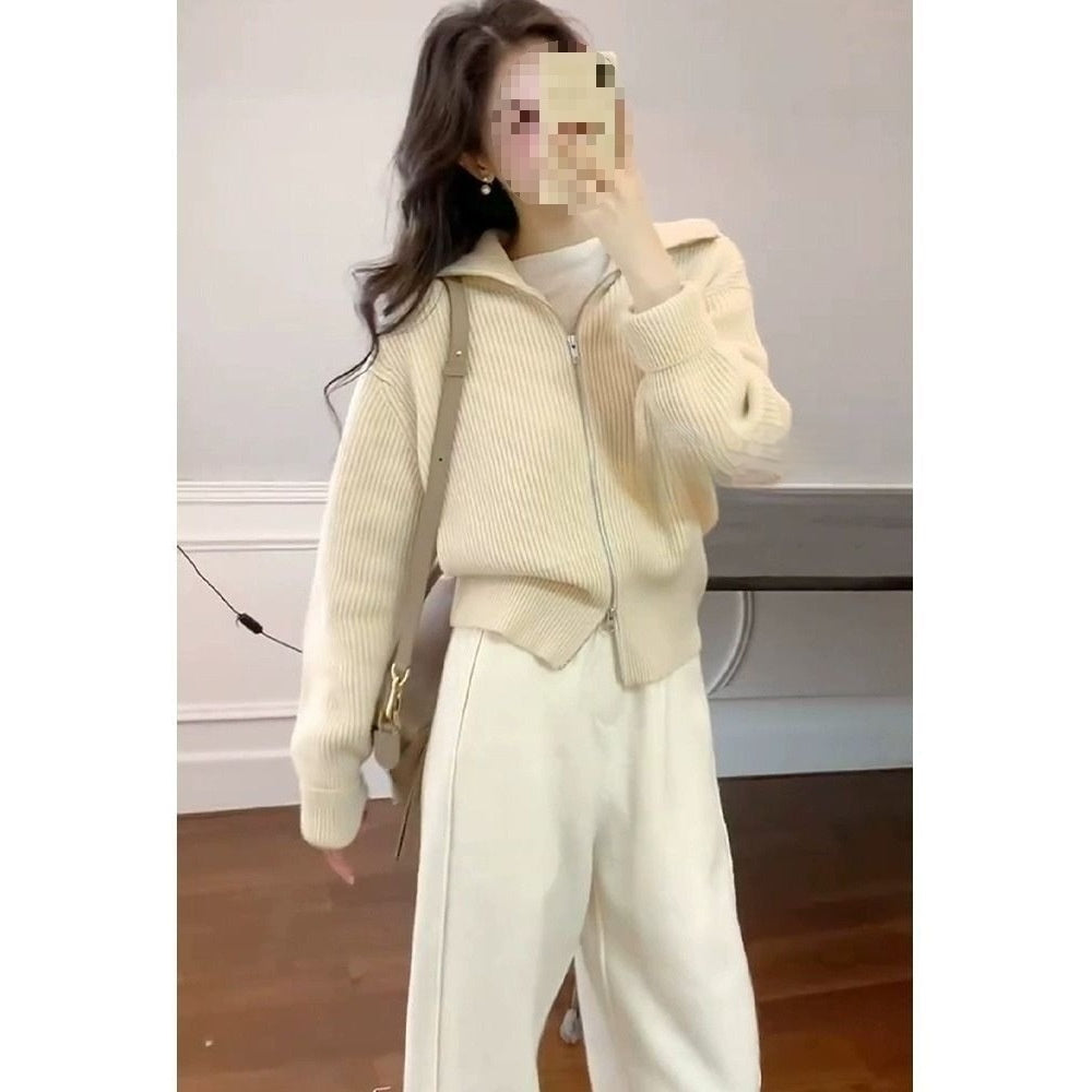 Double-Zip Lapel Knit Cardigan for Women