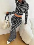 Striped Half-Turtleneck Top & Drawstring-Waist Long Skirt Set