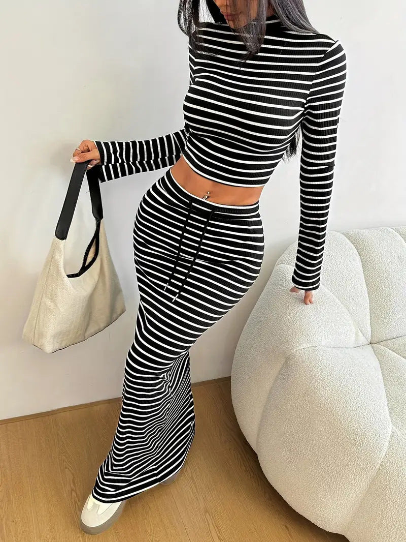 Striped Half-Turtleneck Top & Drawstring-Waist Long Skirt Set