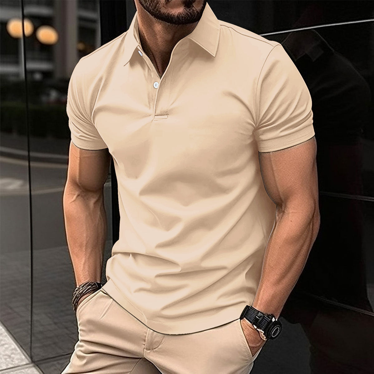 Solid-Color Short-Sleeve Polo Shirt for Men