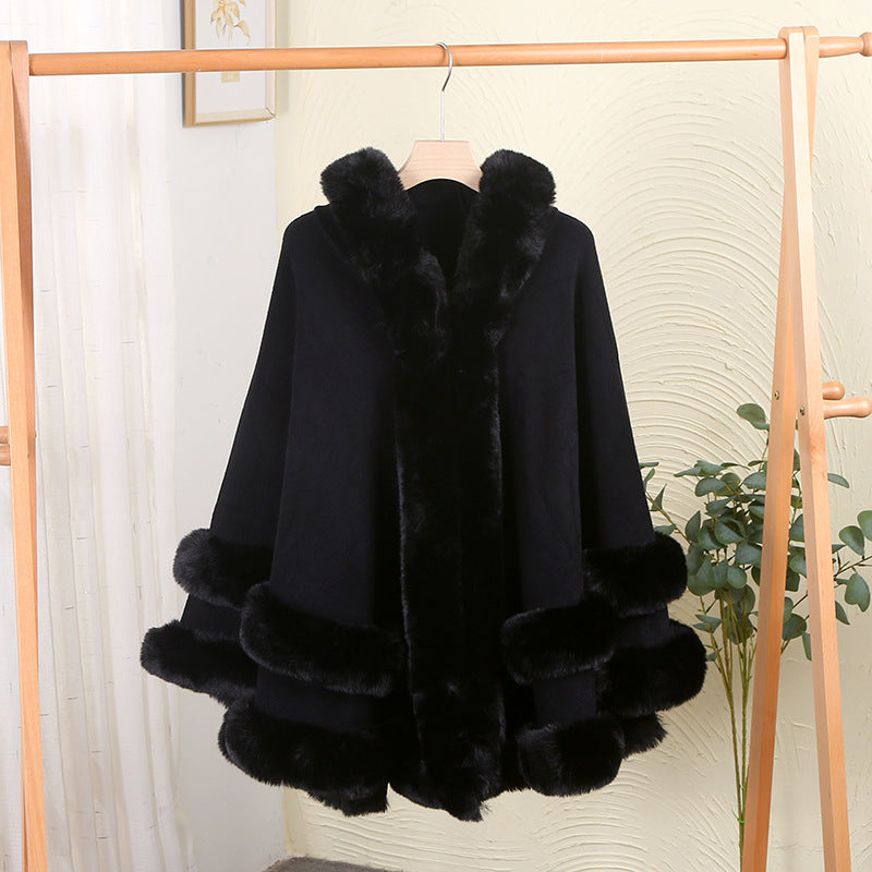 Loose Fur-Collar Shawl Coat with Fleece Lining