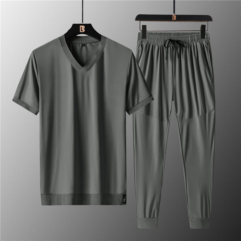 Summer Ice Silk V-neck Short-sleeved T-shirt Large Size Sports Suit Men