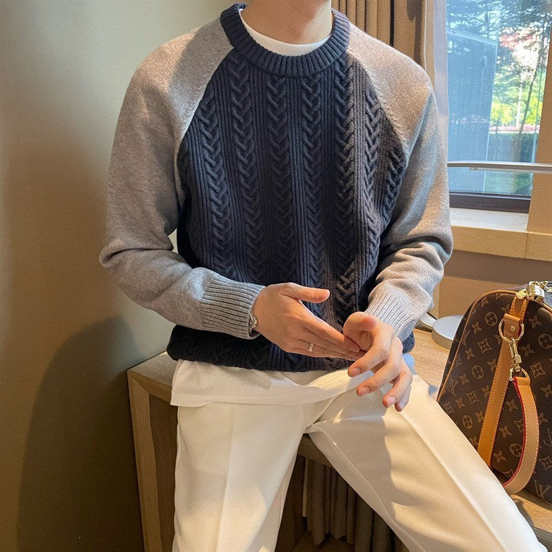 Color-Block Cable-Knit Round-Neck Pullover for Men