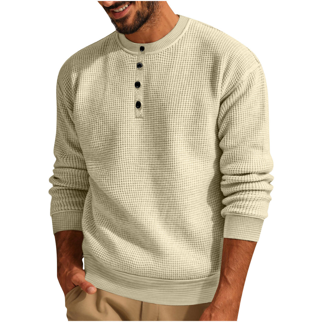 Solid-Color Loose Waffle Henley Shirt