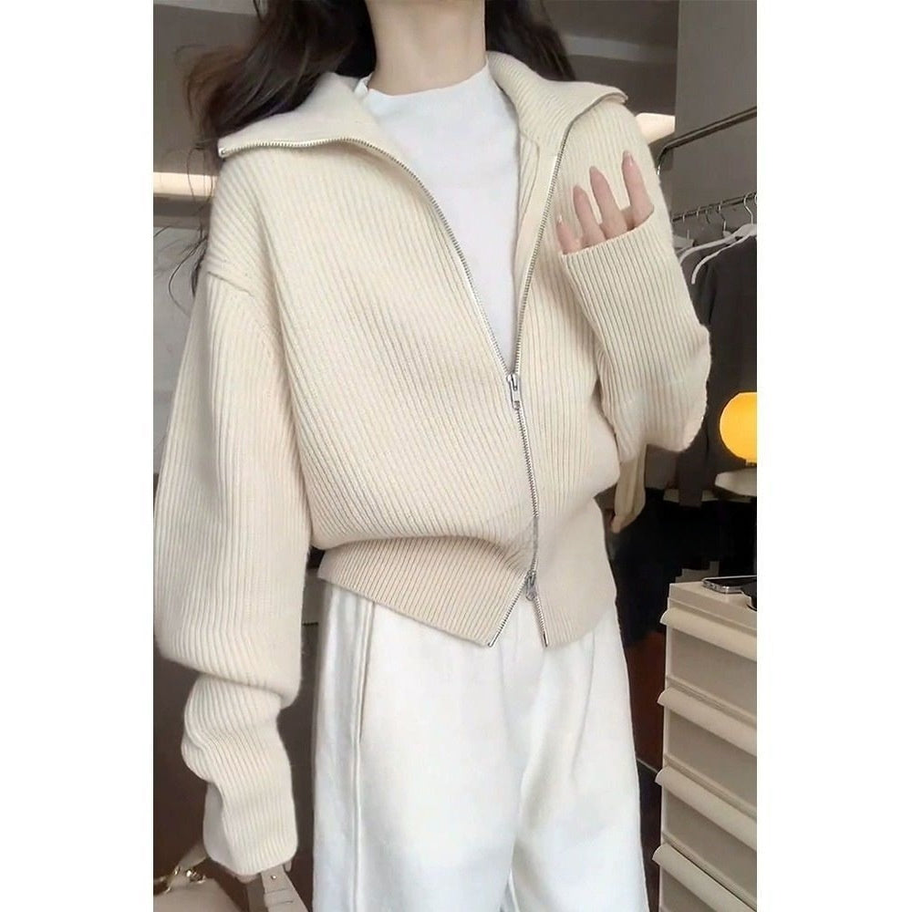 Double-Zip Lapel Knit Cardigan for Women