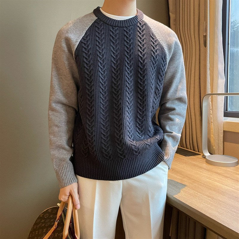 Color-Block Cable-Knit Round-Neck Pullover for Men