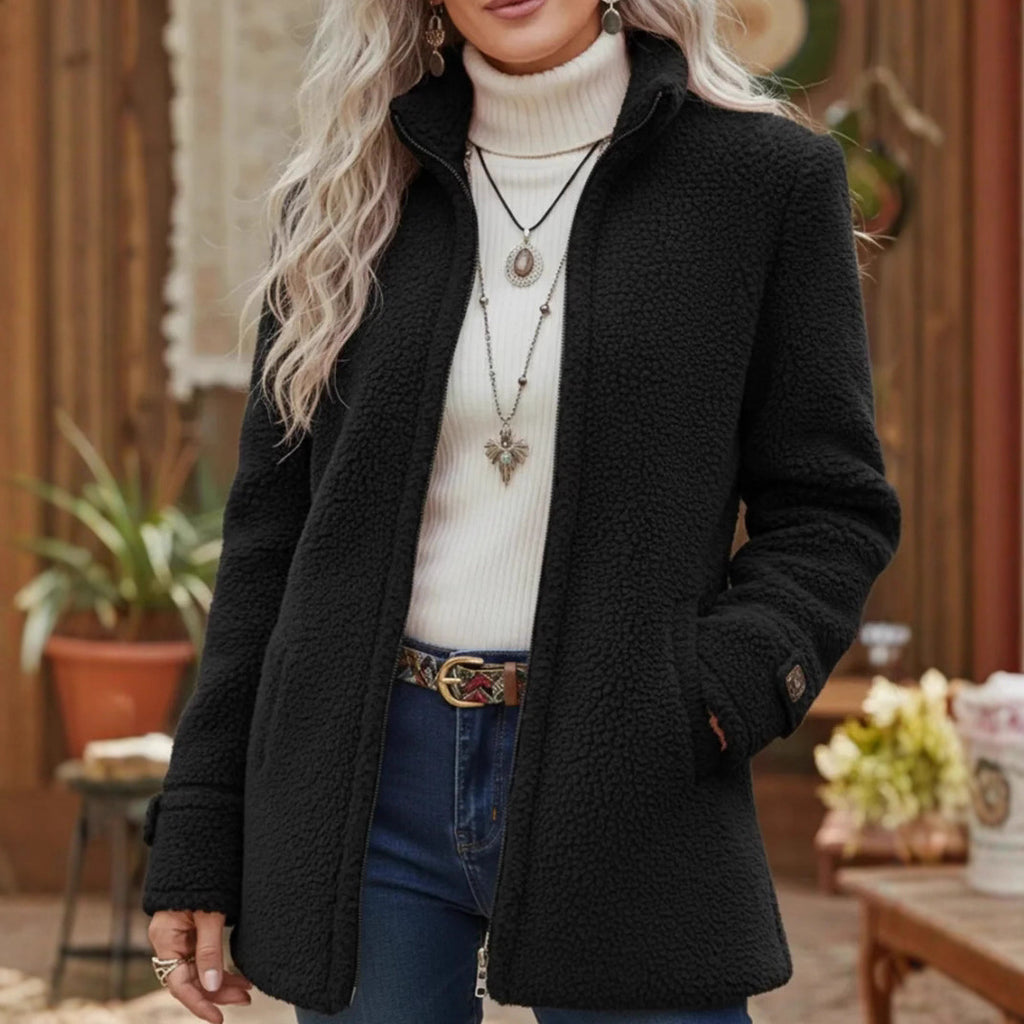 Solid-Color Stand Collar Fleece Zip-Up Jacket for Women