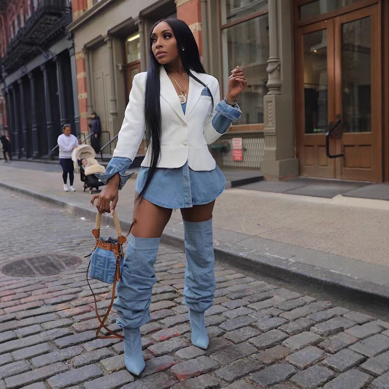 Casual Patchwork Denim Blazer for Women