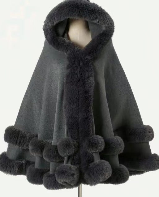 Loose Fur-Collar Shawl Coat with Fleece Lining