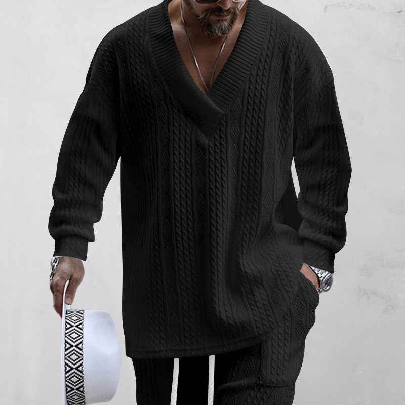 European & American Style Loose-Fit Jacquard V-Neck Knit Sweater for Men