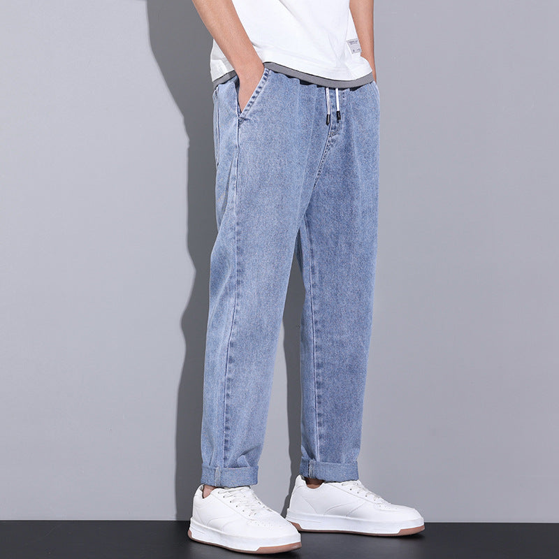 Summer Men's Loose Wide-Leg Jeans – Drawstring Elastic Waist Straight Trousers