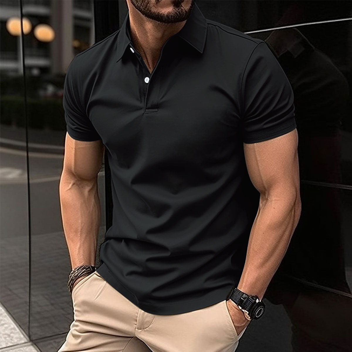 Solid-Color Short-Sleeve Polo Shirt for Men