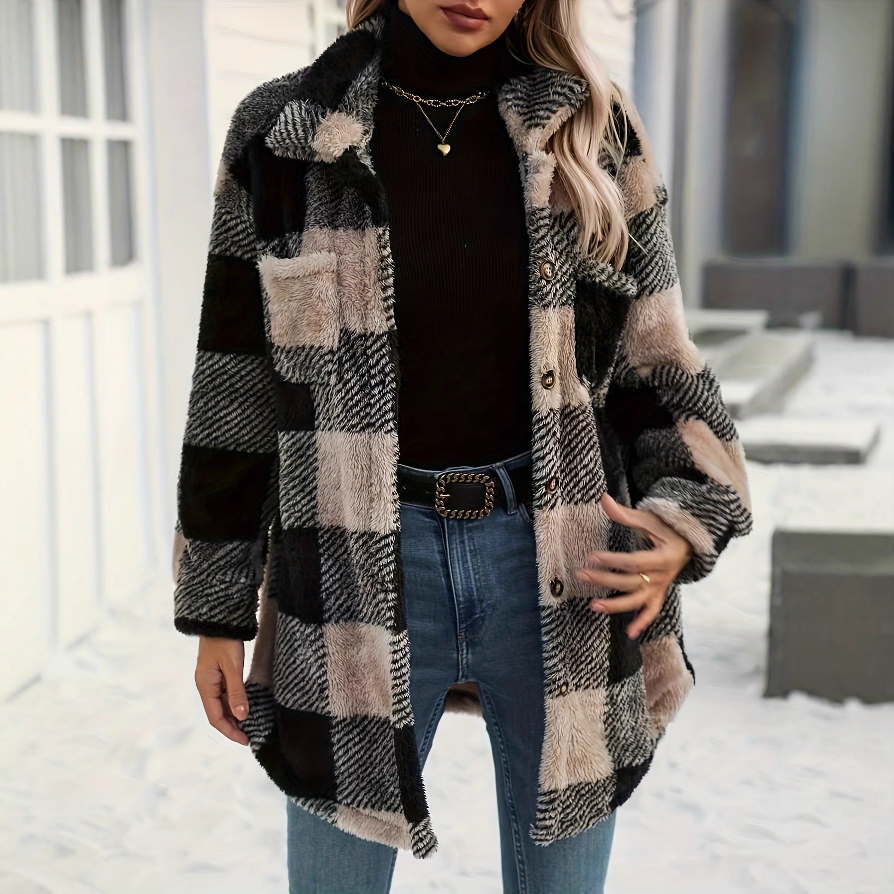 Plaid Fleece Long-Sleeve Coat for Women