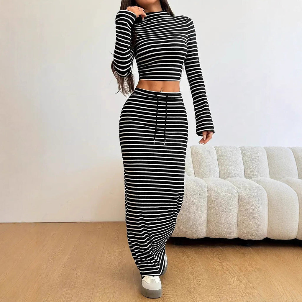 Striped Half-Turtleneck Top & Drawstring-Waist Long Skirt Set