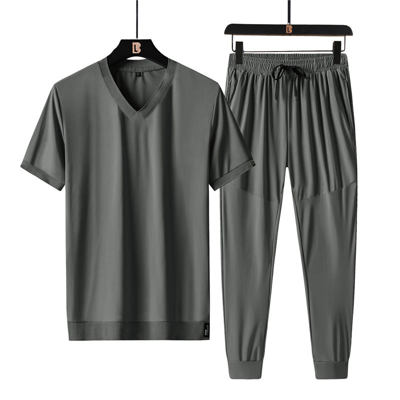 Summer Ice Silk V-neck Short-sleeved T-shirt Large Size Sports Suit Men