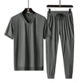 Summer Ice Silk V-neck Short-sleeved T-shirt Large Size Sports Suit Men