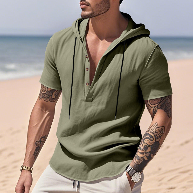 Breathable Linen Hooded Henley Short-Sleeve Shirt