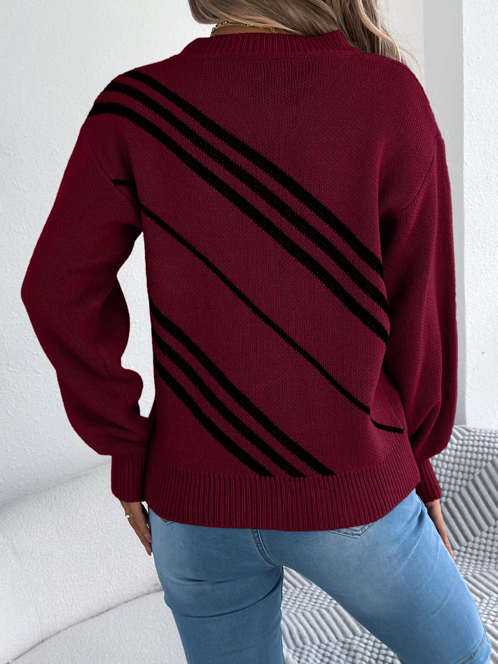 Striped Round-Neck Lantern Sleeve Sweater for Women