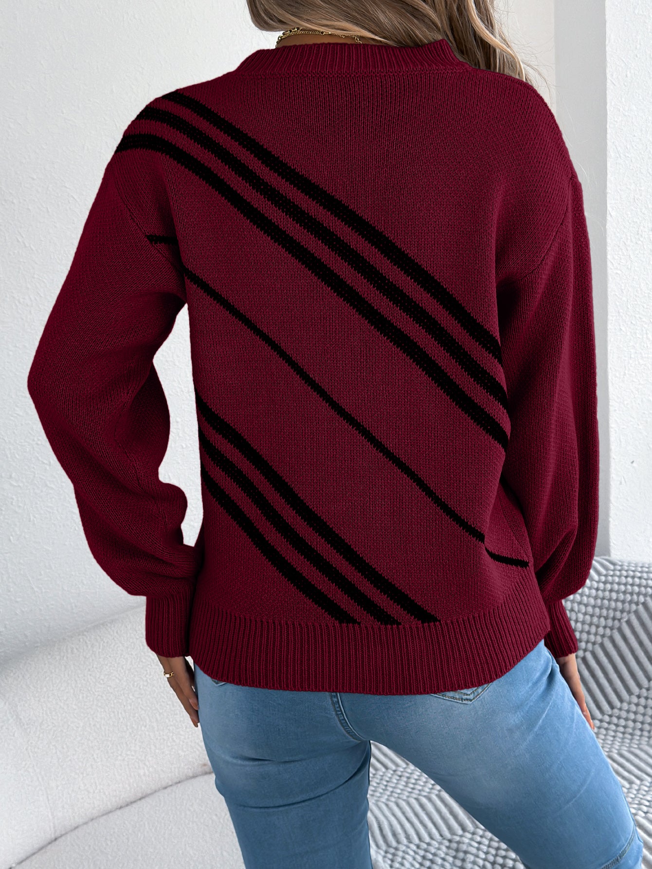 Striped Round-Neck Lantern Sleeve Sweater for Women