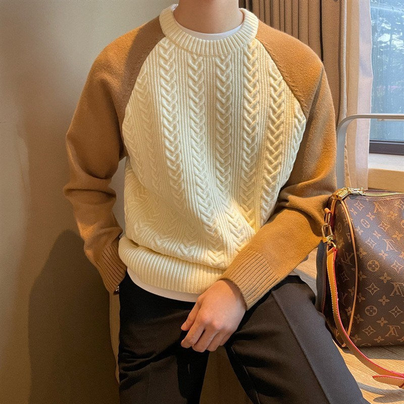 Color-Block Cable-Knit Round-Neck Pullover for Men