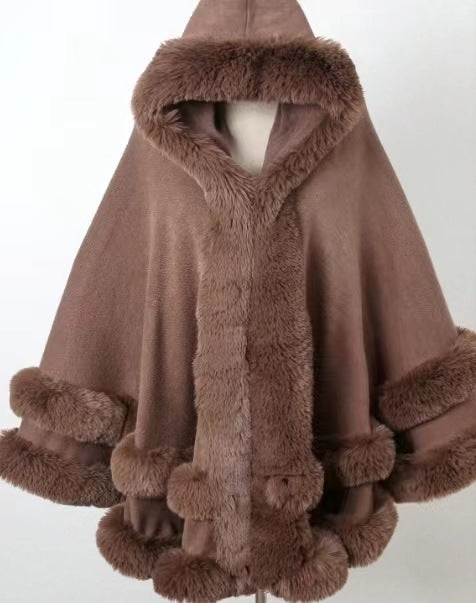 Loose Fur-Collar Shawl Coat with Fleece Lining