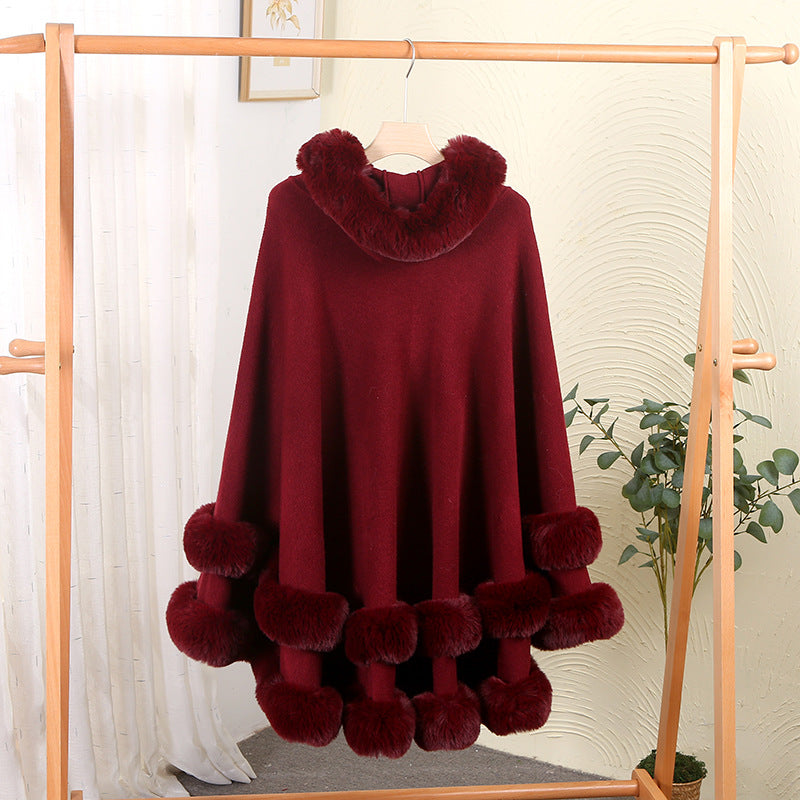 Loose Fur-Collar Shawl Coat with Fleece Lining