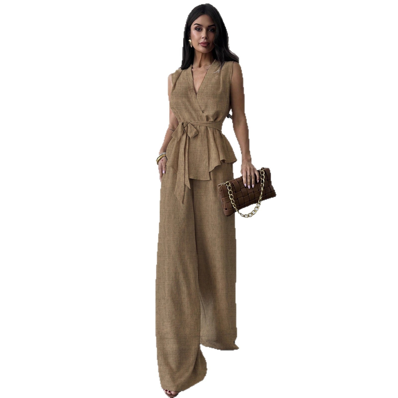 Lace-Up V-Neck Vest & Pants Two-Piece Set