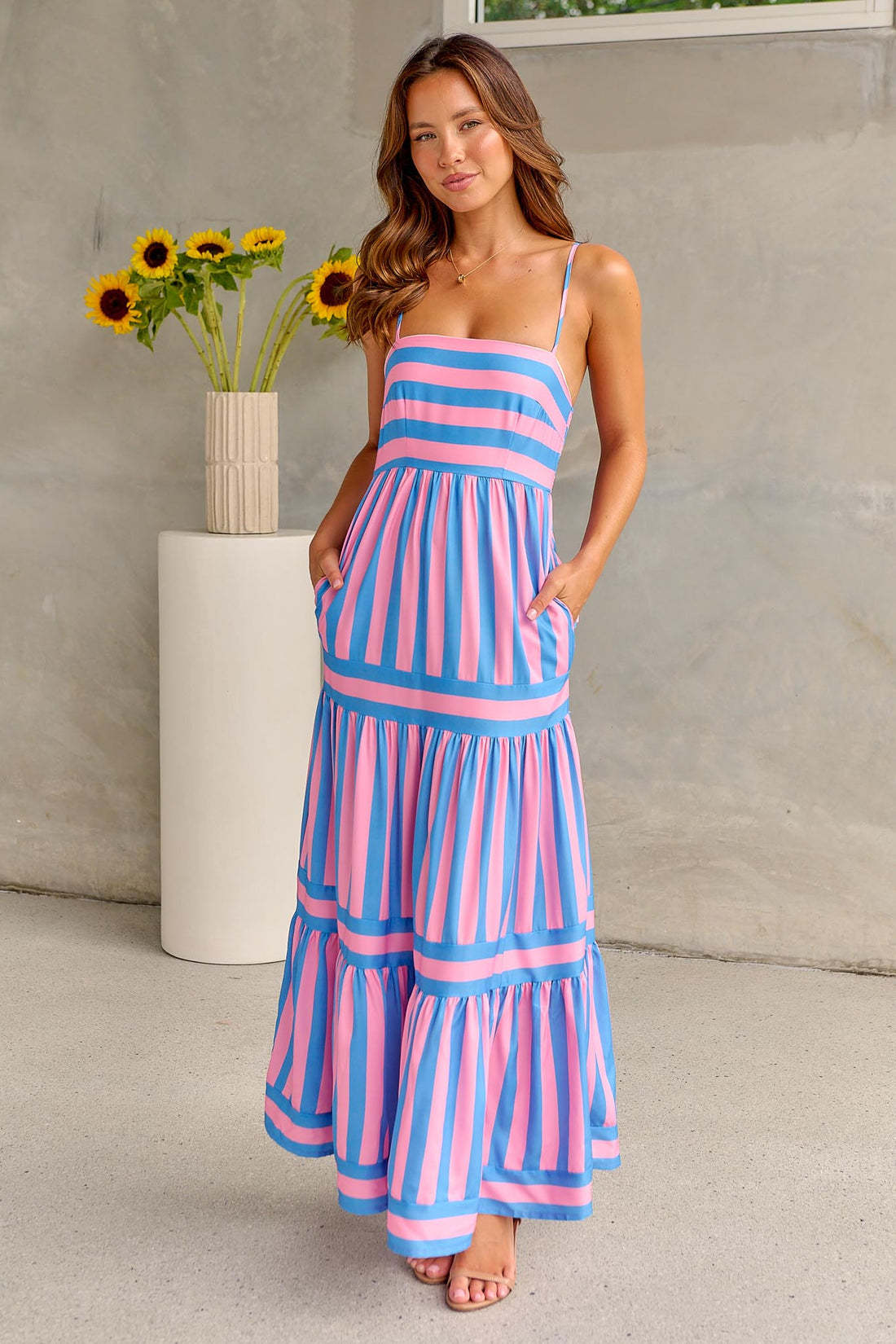 Striped Suspender Long Dress with Pockets