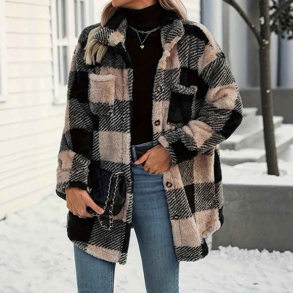 Plaid Fleece Long-Sleeve Coat for Women